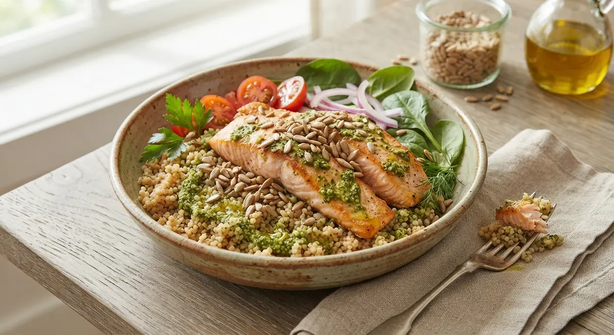 Whole Wheat Pesto Salmon Sunflower Seed Bowl